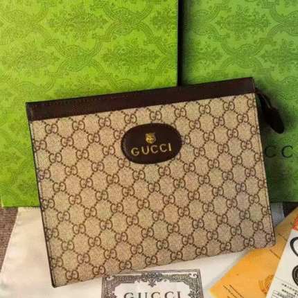 Gucci Neo Vintage GG Supreme Canvas Wristlet Strap Pouch Clutch Beige Brown with Free Perfume