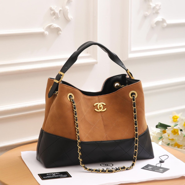 35X26X12CM CHANEL 299AED (4) Chanel 25A Leather Suede Bucket Hobo Hand Shoulder Bag Gold Hardware Tan Black with Free Perfume - Image 1