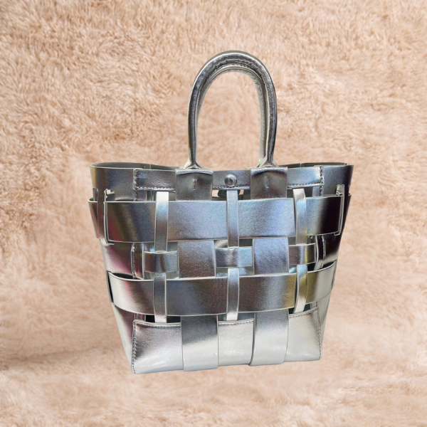 BOTEG (6) Bottega Veneta Nappa Intrecciato Casette Lantern Woven Leather Bucket Top Handle Shoulder Hand Bag Crossbody Strap Silver with Free Perfume - Image 1