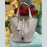 Hermès Picotin Lock 18 Gris Meyer Clemence Leather Top Handle Shoulder Hand Bag Palladium Hardware Beige with Free Perfume