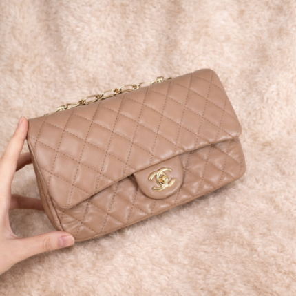 Chanel Caviar Quilted Leather Chain Classic Flap Shoulder Hand Bag Gold Hardware Beige with Free Perfume