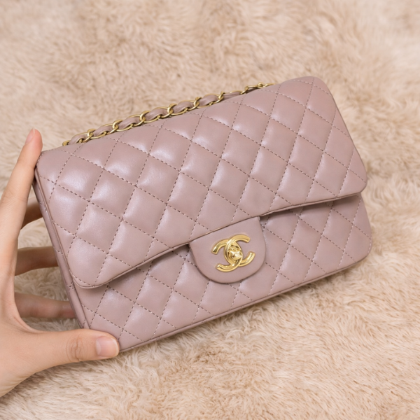 CL23 (5) Chanel Caviar Quilted Leather Chain Classic Flap Shoulder Hand Bag Gold Hardware Mauve with Free Perfume - Image 1