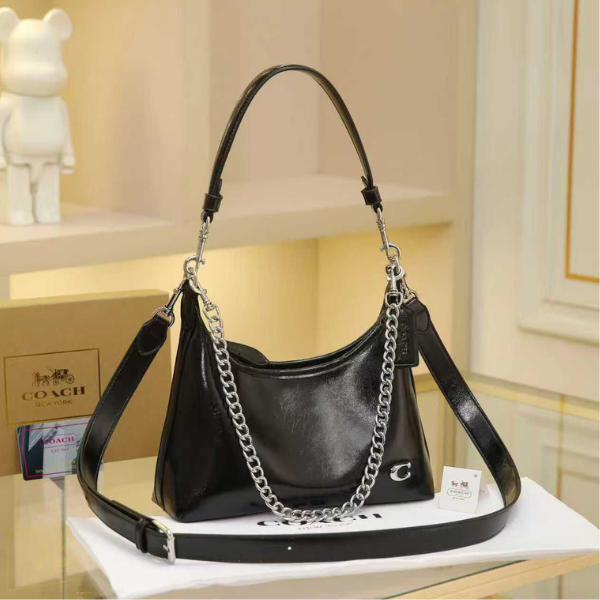 COCHE (1) Coach Juliet Glazed Glovetanned Leather Hand Shoulder Bag Crossbody Strap Palladium Chain Black with Free Perfume - Image 1
