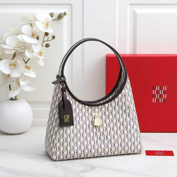 KOS (2) Carolina Herrera Lock Hobo Top Handle Shoulder Hand Bag White with Free Perfume - Image 1