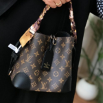 Louis Vuitton Monogram Leather Bucket Hand Shoulder Crossbody Chain Strap Bag Brown Black with Free Perfume
