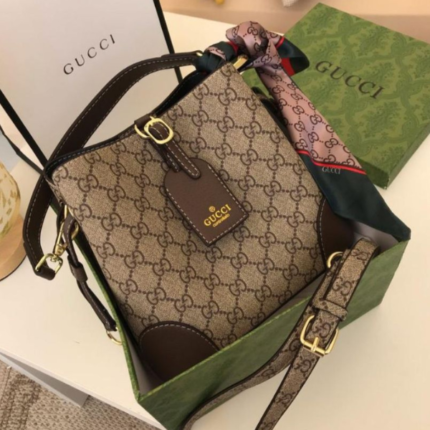 Gucci GG Emblem Supreme Canvas Leather Bucket Hand Shoulder Crossbody Strap Bag Beige Brown Trim With Free Perfume