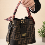Fendi FF Jacquard Origami Fabric Leather Hobo Bucket Hand Shoulder Crossbody Strap Bag Brown with Free Perfume