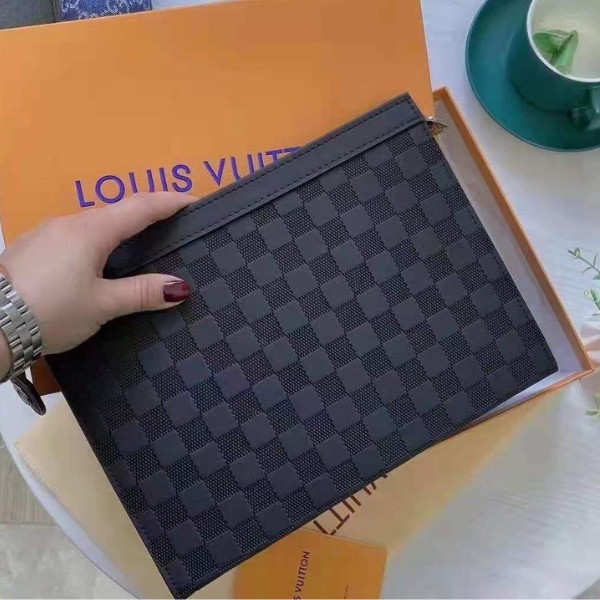 LV (10) Louis Vuitton Pochette Voyage Damier Graphite Canvas Leather Pouch Clutch Hand Bag Black with Free Perfume - Image 1