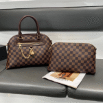 Louis Vuitton Neo Ever More PM Damier Ebène Canvas Leather Embossed Hand Bag and Pouch Brown with Free Perfume