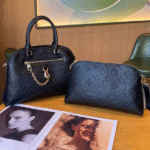 Louis Vuitton Neo Ever More PM Monogram Taurillon Leather Embossed Hand Bag and Pouch Black with Free Perfume