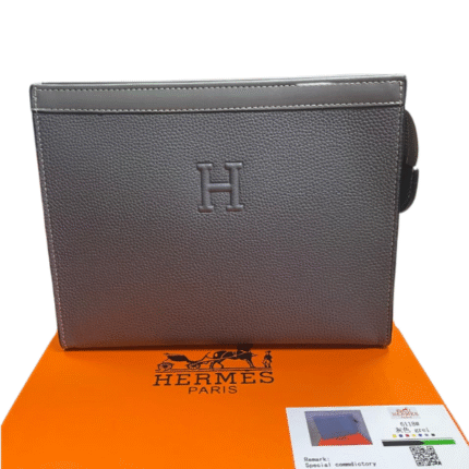 Hermès Embossed Leather Pouch Clutch Hand Bag Gray with Free Perfume
