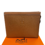 Hermès Embossed Leather Pouch Clutch Hand Bag Brown with Free Perfume