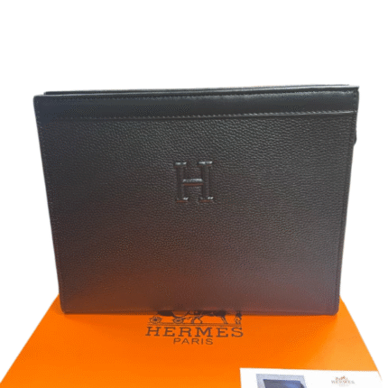 Hermès Embossed Leather Pouch Clutch Hand Bag Black with Free Perfume