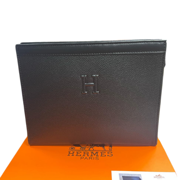 LV (7) Hermès Embossed Leather Pouch Clutch Hand Bag Black with Free Perfume - Image 1