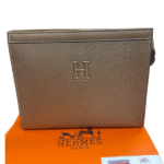 Hermès Embossed Leather Pouch Clutch Hand Bag Taupe with Free Perfume