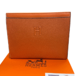 Hermès Embossed Leather Pouch Clutch Hand Bag Orange with Free Perfume