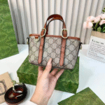 Gucci Canvas Leather GG Emblem Mini Tote Hand Bag Strap In Signature Canvas Beige Tan with Free Perfume