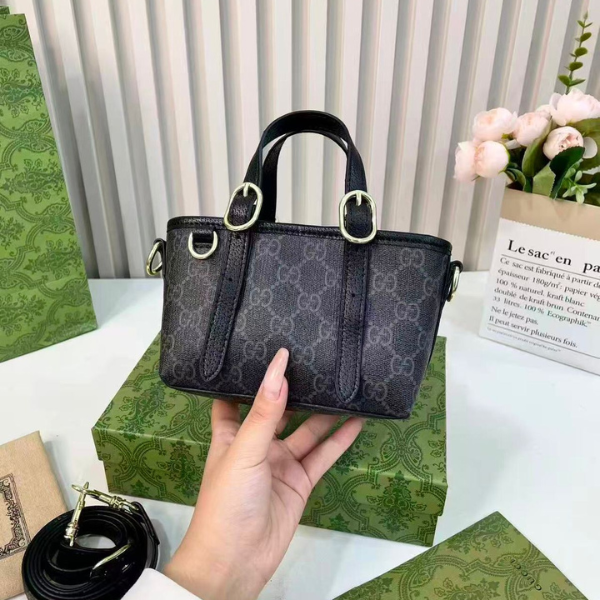 MINI GUCCI (2) Gucci Canvas Leather GG Emblem Mini Tote Hand Bag Strap In Signature Canvas Black with Free Perfume - Image 1