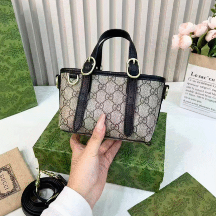 Gucci Canvas Leather GG Emblem Mini Tote Hand Bag Strap In Signature Canvas Beige Black with Free Perfume