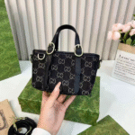 Gucci Canvas Leather GG Emblem Mini Tote Hand Bag Strap In Signature Canvas Black Denim with Free Perfume