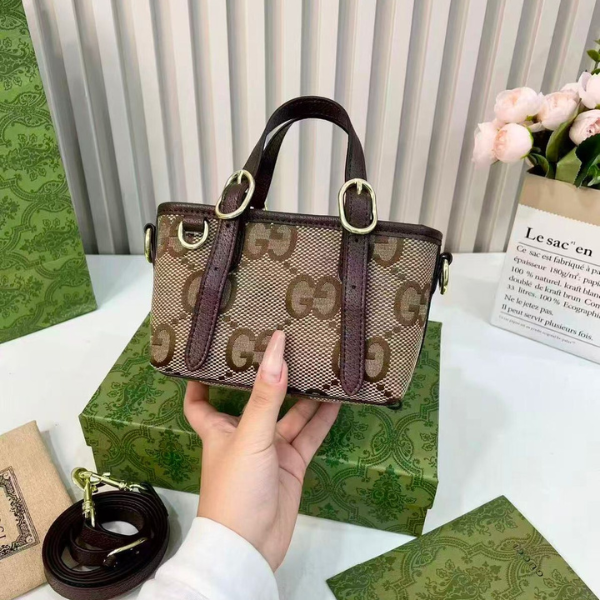 MINI GUCCI (7) Gucci Canvas Leather GG Emblem Mini Tote Hand Bag Strap In Signature Canvas Brown with Free Perfume - Image 1