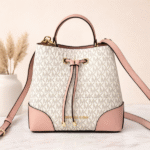 Michael Kors Mercer Small Logo-Print Leather Canvas Bucket Hand Shoulder Bag Crossbody Strap Gold Pink Trim White with Free Perfume 23x14x22cm