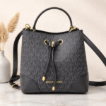 Michael Kors Mercer Small Logo-Print Leather Canvas Bucket Hand Shoulder Bag Crossbody Strap Gold Black with Free Perfume