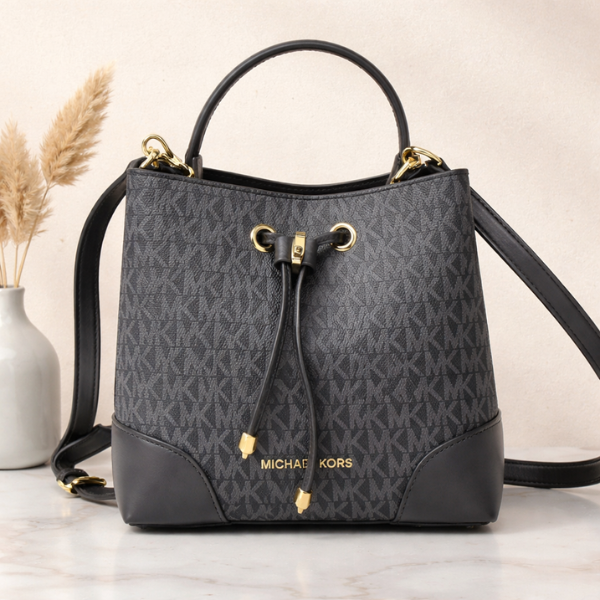 MKBK (11) Michael Kors Mercer Small Logo-Print Leather Canvas Bucket Hand Shoulder Bag Crossbody Strap Gold Black with Free Perfume - Image 1