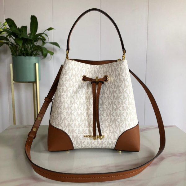 MKBK (4) Michael Kors Mercer Small Logo-Print Leather Canvas Bucket Hand Shoulder Bag Crossbody Strap Gold Tan Trim White with Free Perfume - Image 1