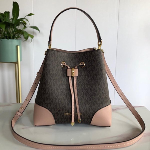 MKBK (5) Michael Kors Mercer Small Logo-Print Leather Canvas Bucket Hand Shoulder Bag Crossbody Strap Gold Mauve Trim Brown with Free Perfume - Image 1