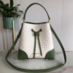 Michael Kors Mercer Small Logo-Print Leather Canvas Bucket Hand Shoulder Bag Crossbody Strap Gold Green Trim White with Free Perfume