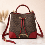 Michael Kors Mercer Small Logo-Print Leather Canvas Bucket Hand Shoulder Bag Crossbody Strap Gold Red Trim Brown with Free Perfume