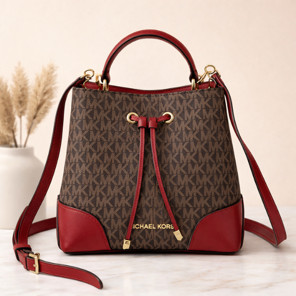 MKBK (9) Michael Kors Mercer Small Logo-Print Leather Canvas Bucket Hand Shoulder Bag Crossbody Strap Gold Red Trim Brown with Free Perfume - Image 1