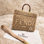 Fendi Small Sunshine FF Jacquard Fabric Leather Top Handle Tote Hand Bag Crossbody Strap Beige Trim with Free Perfume