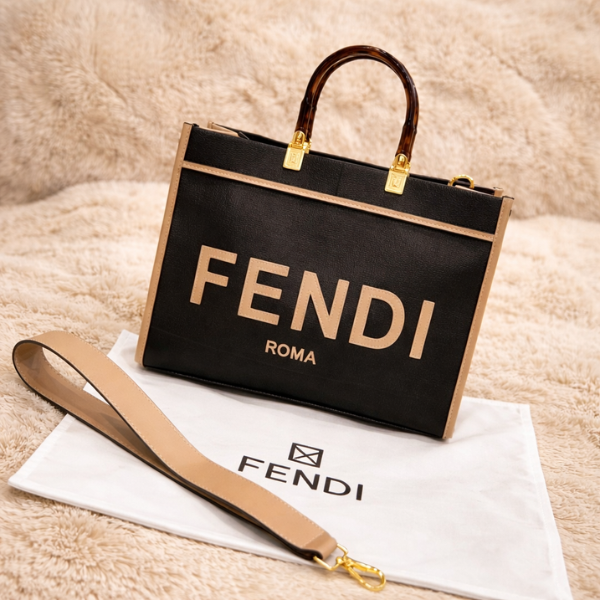 TSUE (6) Fendi Small Sunshine FF Jacquard Fabric Leather Top Handle Tote Hand Bag Crossbody Strap Black Beige Trim with Free Perfume - Image 1