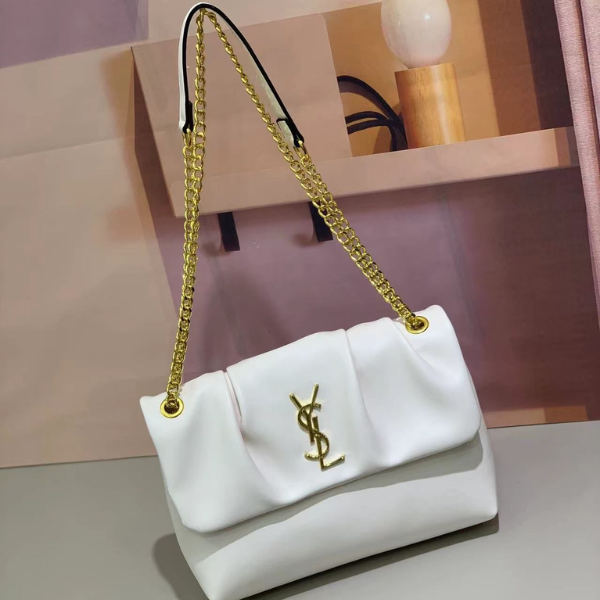 YSL (3) Yves Saint Laurent Niki Medium Supple Grained Lambskin Leather Shoulder Hand Bag Crossbody Chain Strap Gold Hardware White with Free Perfume - Image 1