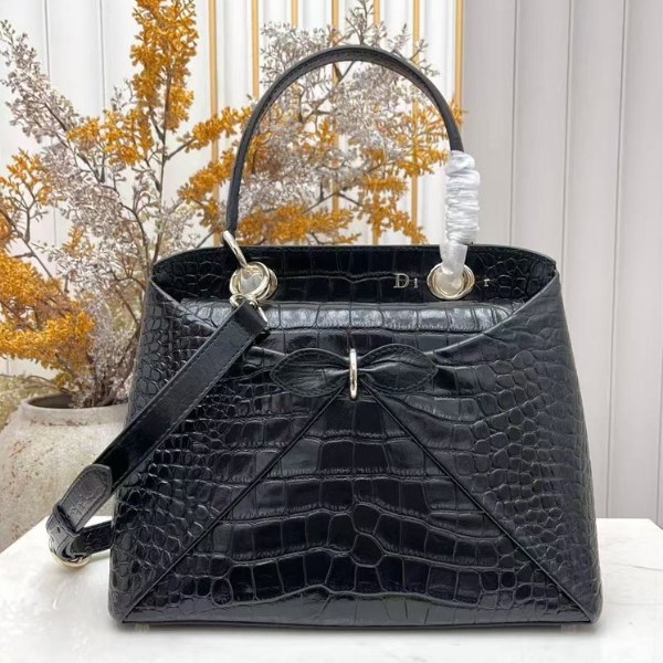 bagy (23) Christian Dior Cigale Alligator Top Handle Shoulder Hand Bag Crossbody Strap Bag Gold Hardware Black with Free Perfume - Image 1