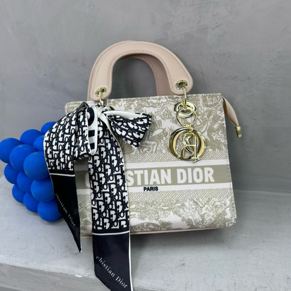 cdmedium (10) Christian Dior Small Lady D-lite Top Handle Hand Bag with Free Perfume Gold Beige with Free Perfume - Image 1