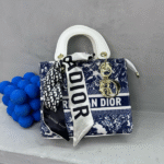 Christian Dior Small Lady D-lite Top Handle Hand Bag with Free Perfume Gold Dark Blue White with Free Perfume