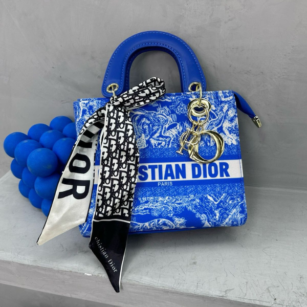 cdmedium (6) Christian Dior Small Lady D-lite Top Handle Hand Bag with Free Perfume Gold Blue with Free Perfume - Image 1