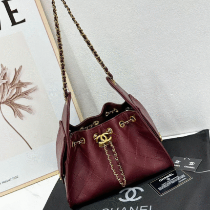 Chanel 25 Small Quilted Leather Shiny Crumpled Calfskin Hobo Shoulder Crossbody Hand Bag Gold Burgundy with Free Perfume