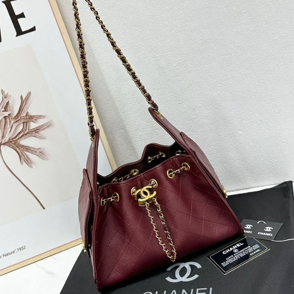 ch (1) Chanel 25 Small Quilted Leather Shiny Crumpled Calfskin Hobo Shoulder Crossbody Hand Bag Gold Burgundy with Free Perfume - Image 1