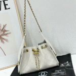 Chanel 25 Small Quilted Leather Shiny Crumpled Calfskin Hobo Shoulder Crossbody Hand Bag Gold White with Free Perfume