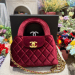 Chanel Velvet Quilted Nano Kelly Shopper Top Handle Shoulder Hand Bag Crossbody Strap Gold Burgundy with Free Perfume