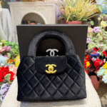 Chanel Velvet Quilted Nano Kelly Shopper Top Handle Shoulder Hand Bag Crossbody Strap Gold Black with Free Perfume