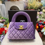 Chanel Velvet Quilted Nano Kelly Shopper Top Handle Shoulder Hand Bag Crossbody Strap Gold Purple with Free Perfume