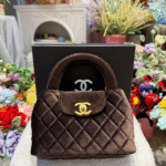 Chanel Velvet Quilted Nano Kelly Shopper Top Handle Shoulder Hand Bag Crossbody Strap Gold Brown with Free Perfume