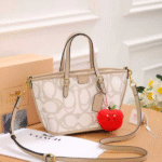 Coach Taxi Signature Canvas Leather Tote Hand Shoulder Bag Crossbody Strap Gold Beige White with Free Perfume