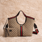 Gucci Giglio GG Leather Canvas Tote Hand Shoulder Bag Crossbody Strap Detachable Pouch Gold Brown Red Trim with Free Perfume