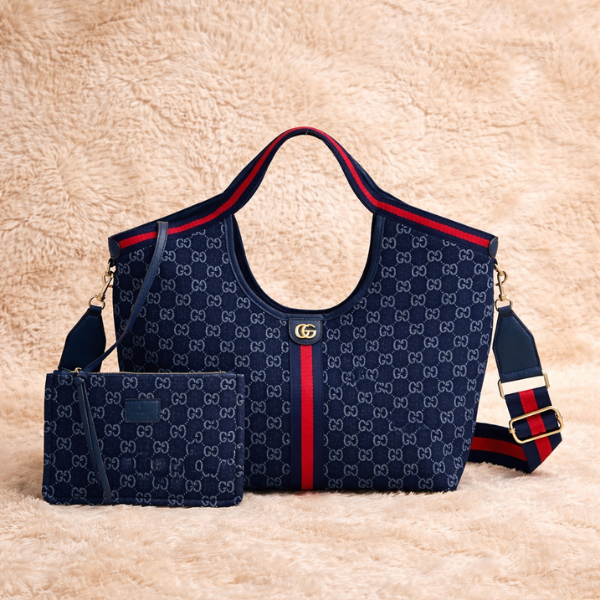 guc (5) Gucci Giglio GG Leather Canvas Tote Hand Shoulder Bag Crossbody Strap Detachable Pouch Gold Blue Red Trim with Free Perfume - Image 1